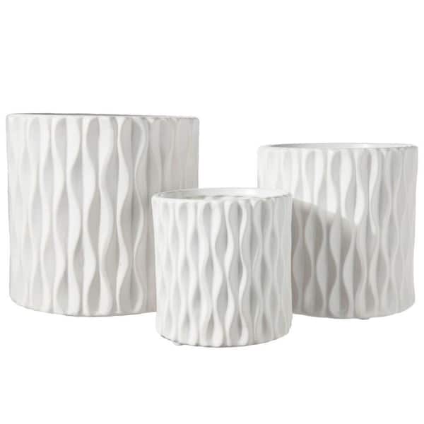 Benjara White Round Ceramic Pot with Wavy Pattern Body (Set of 3)