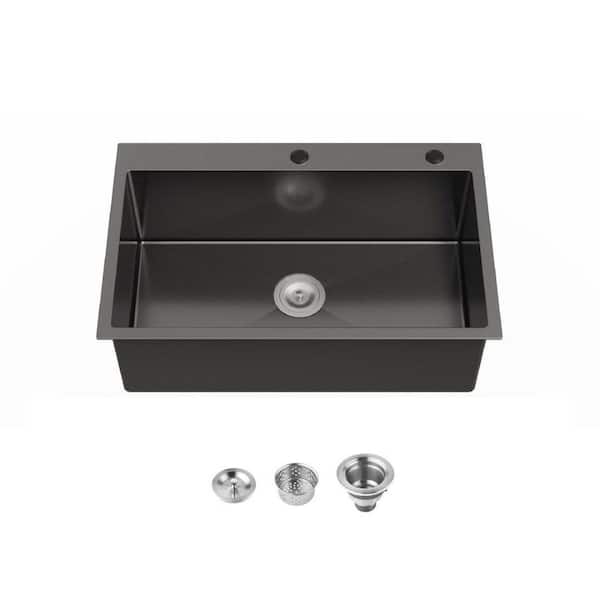 Undermount Sink 30 in. x 19 in. Single Bowl 20-Gauge Stainless Steel Overmount Handmade Sink in Black w/Drain and Hook