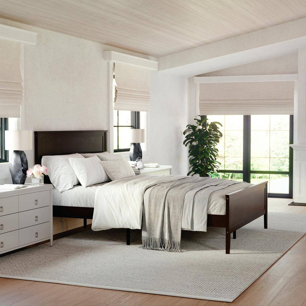 Dark Brown Queen Wooden Platform Bed with Headboard and Footboard