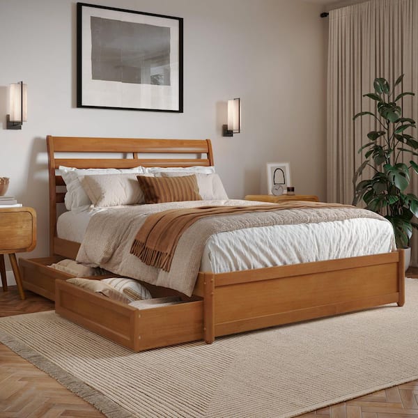 AFI Emelie Light Toffee Natural Bronze Solid Wood Frame Full Platform Bed with Panel Footboard and Storage Drawers