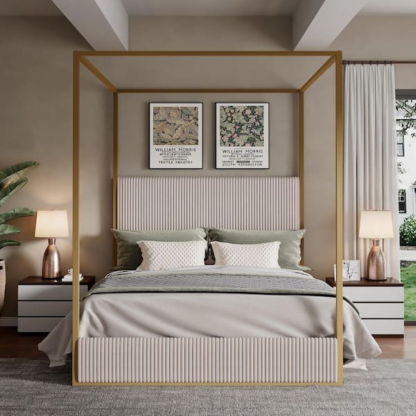 Beige and Gold Metal and Wood Frame King Size Corduroy Upholstered Canopy Bed with High-backed Headboard