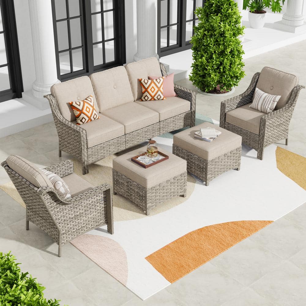 Toject Eureka Grey 5-Piece Wicker Modern Outdoor Patio Conversation ...