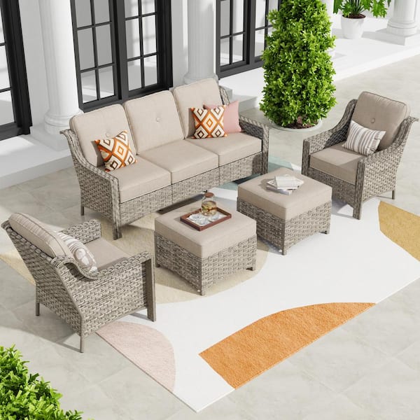 Toject Eureka Grey 5-Piece Wicker Modern Outdoor Patio Conversation Sofa Seating Set with Beige Cushions