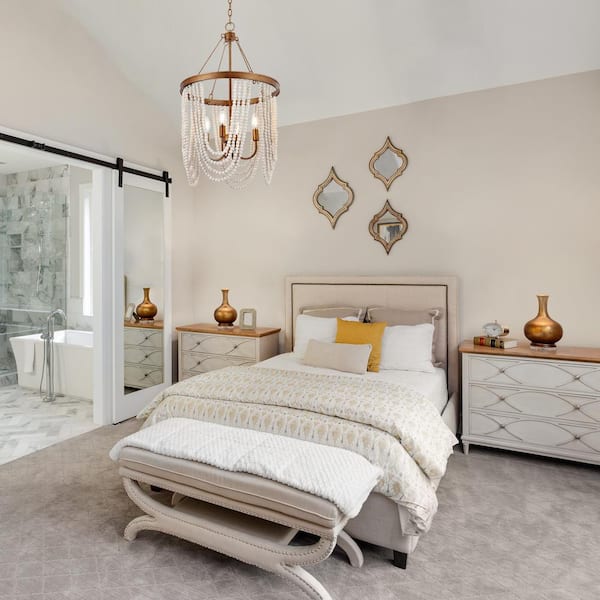 Modern Farmhouse Empire Beaded Chandelier, 4-Light Antique Gold Transitional Candlestick Boho Chandelier with Wood Beads