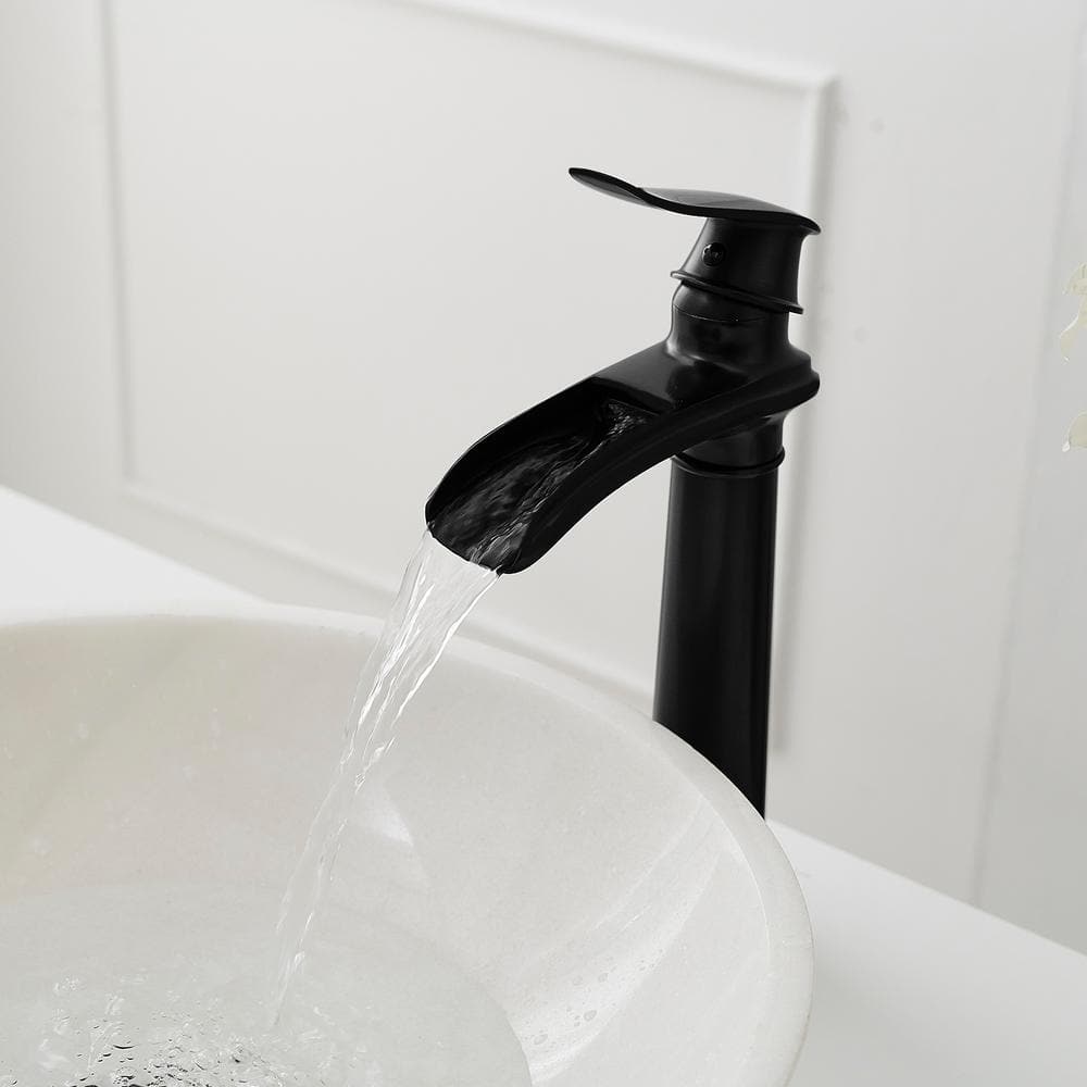 Matte Black Brass Waterfall Vessel Sink Faucet with Pop-Up Drain