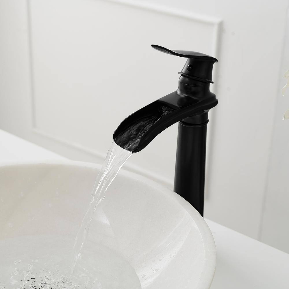 Matte Black Single Handle Waterfall Vessel Sink Faucet with Pop-Up Drain