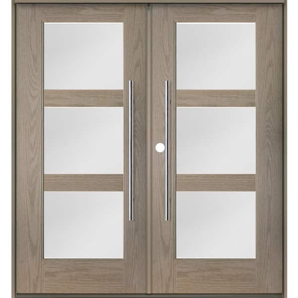 Krosswood Doors Faux Pivot 72 in. x 80 in. Right-Active/Inswing 3Lite Satin Glass Oil Leather Stain Double Fiberglass Prehung Front Door