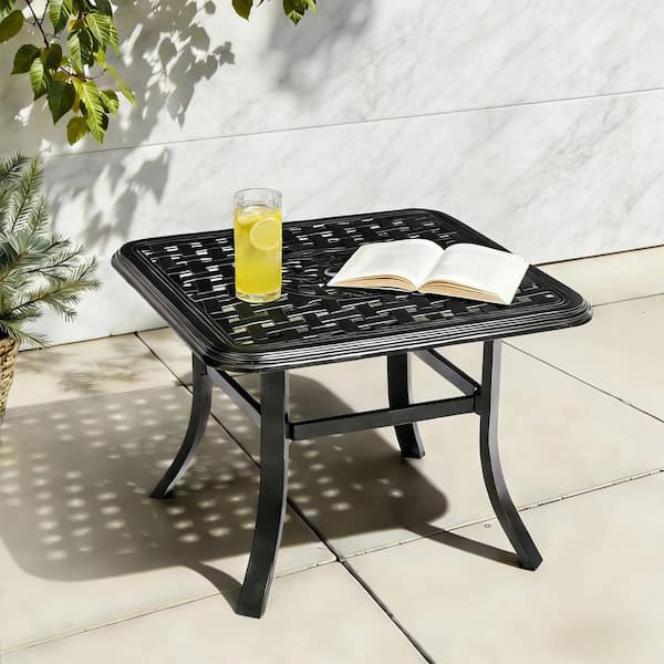 Black Square Cast Aluminum Outdoor Side Table with Umbrella Hole