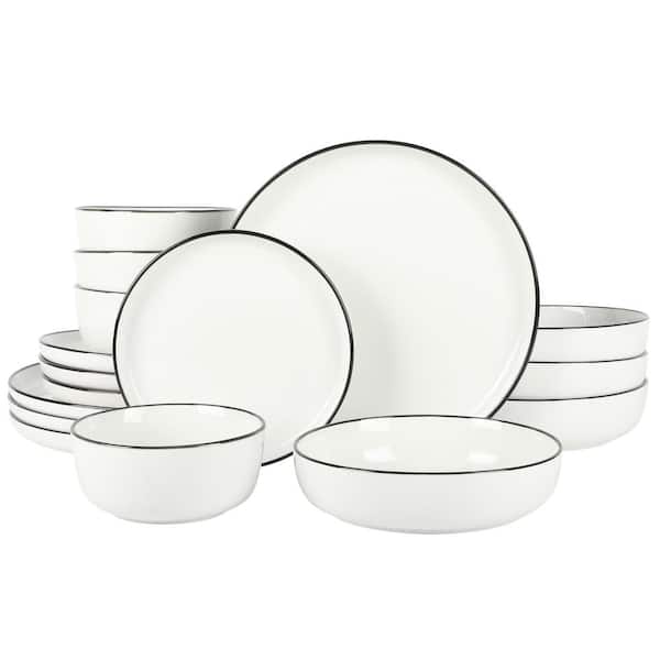 Gibson Home 16-Piece Oslo Double Bowl Dinnerware Set, White with Black Rim, Round, Fine Ceramic, Service for 4