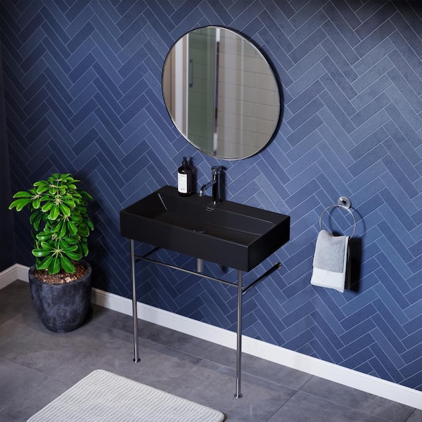 Swiss Madison Claire Ceramic Black Console Sink Basin and Leg Combo with Chrome Legs