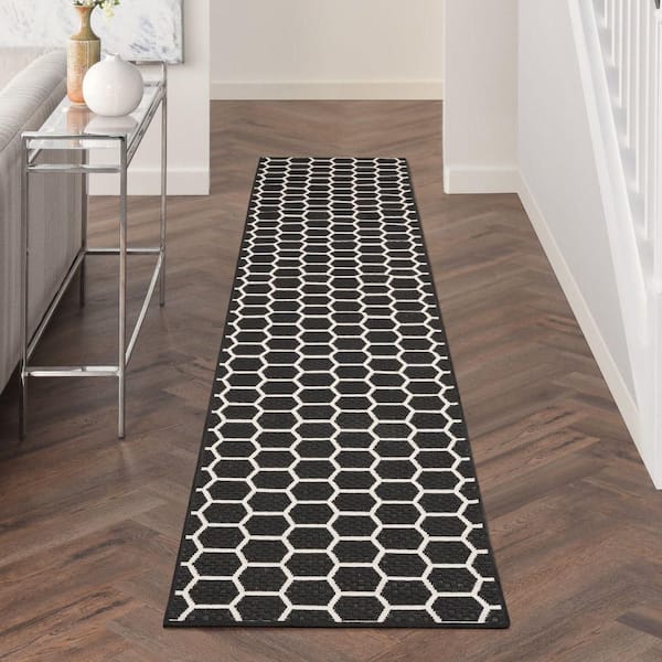 Reversible Indoor Outdoor Black 2 ft. x 12 ft. Honeycomb Contemporary Runner Area Rug