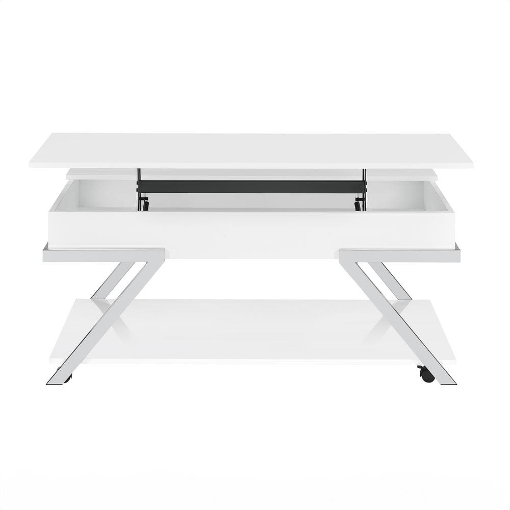 White Metal and Wood Lift-Top Coffee Table with Storage