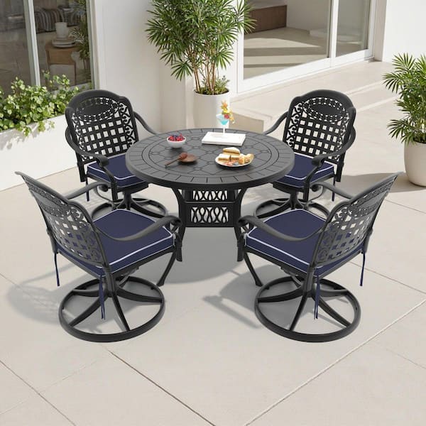 Vintage 5-Piece Cast Aluminum Patio Outdoor Dining Set with Round Dining Table, 4 Swivel Chairs and 4 Blue Cushions