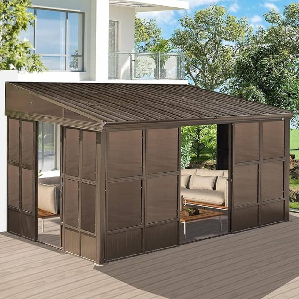 10 ft. x 12 ft. Brown Wall-Mounted Aluminum Frame Sunroom with Galvanized Steel Sloped Roof and Sliding Doors price history on PriceWatchPro