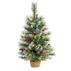 2 ft. Snow Tipped Pine and Berry Artificial Christmas Tree with 35 Warm White LED Lights in Burlap Base