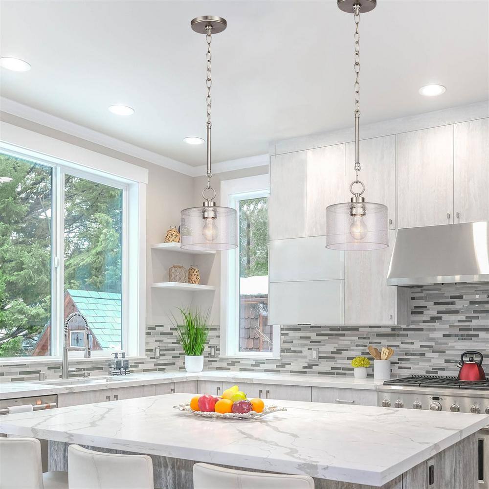 Brushed Nickel 17" Pendant Light with Seeded Glass Shade