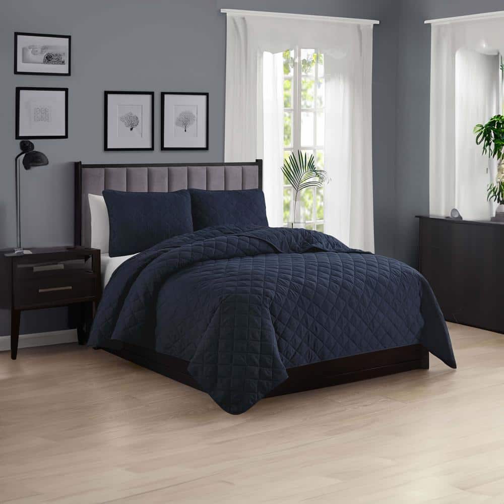 Navy Full Microfiber Diamond-Stitched Reversible Quilt Set
