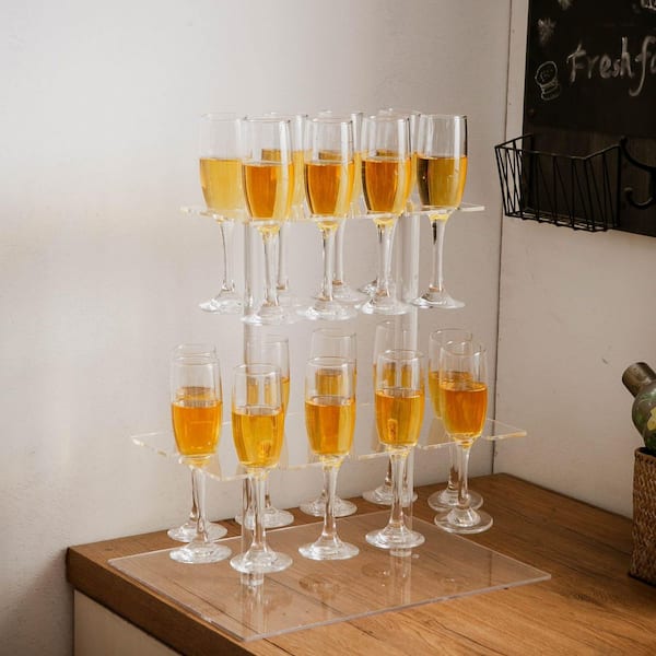 Clear Acrylic Countertop Champagne Display Stand with 18 Slots 2 Tier Stemware Rack and LED Light for Parties