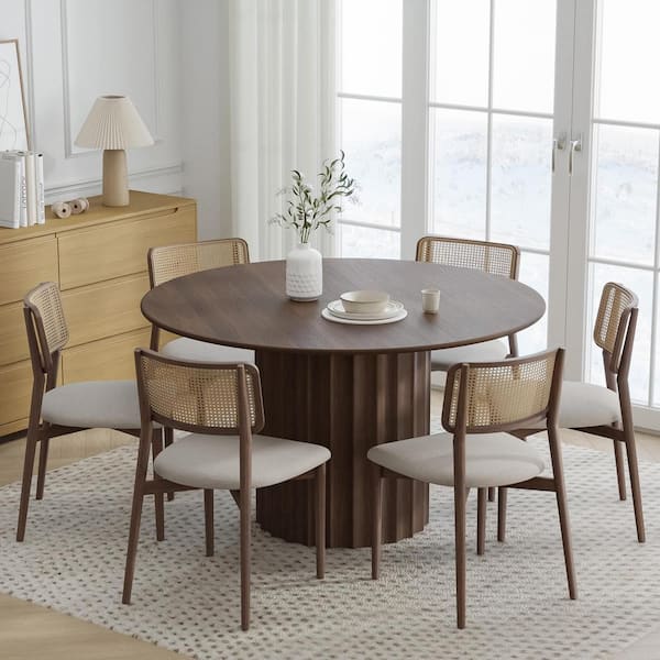 Dovelina 52 in. Wood Walnut Color Column Pedestal Round Kitchen Table Dining Table Seats 4