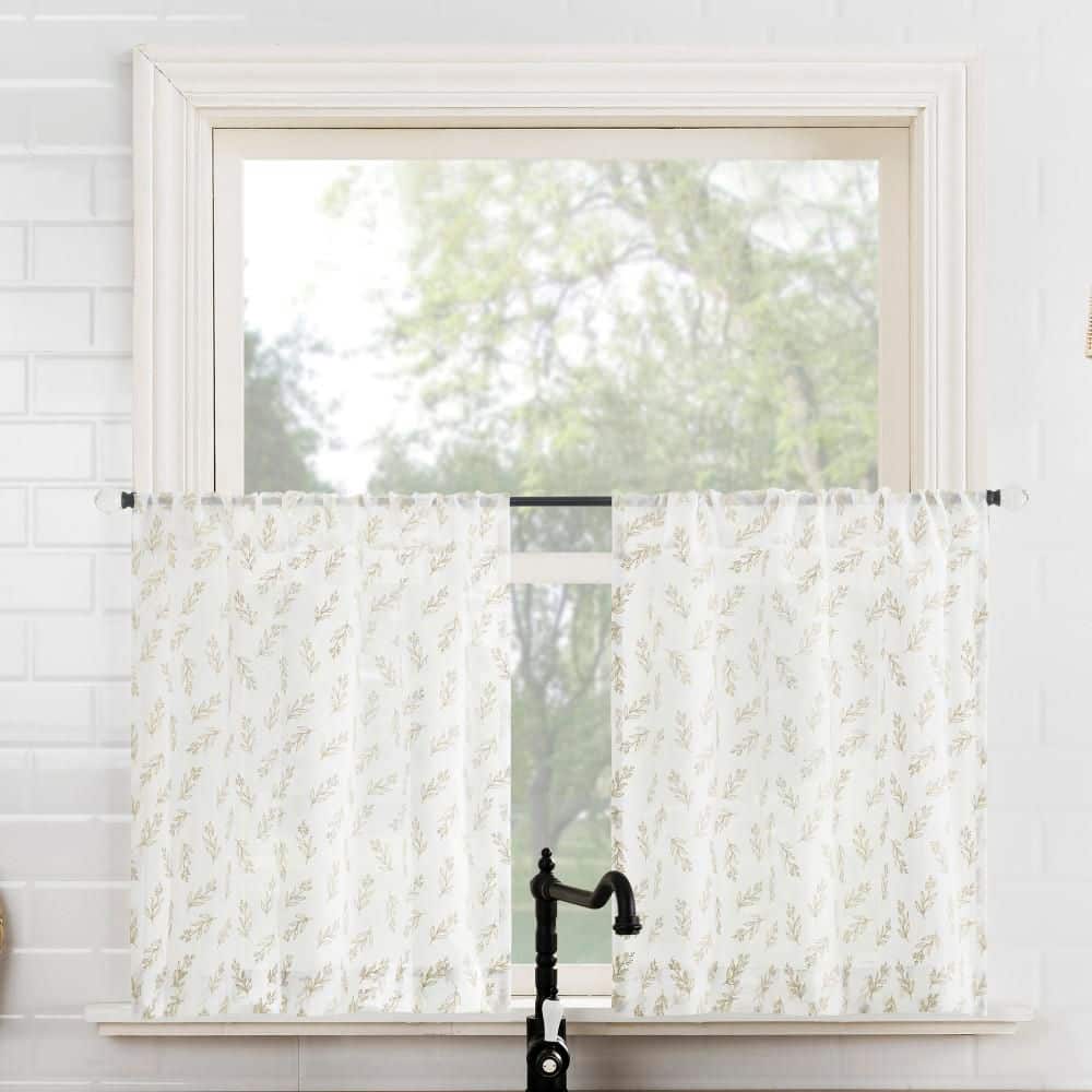 Hawthorne Floral Leaf Taupe Polyester 52 in. W x 24 in. L Rod Pocket Sheer Curtain Tier Pair for Kitchens (Set of 2) price history on PriceWatchPro