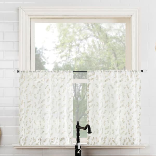 Hawthorne Floral Leaf Taupe Polyester 52 in. W x 36 in. L Rod Pocket Sheer Curtain Tier Pair for Kitchens (Set of 2)