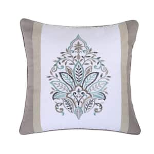 Rome Blue, Beige, Grey, and White Embroidered Paisley Medallion 18 in. x 18 in. Throw Pillow