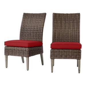 Rock Cliff Brown Stationary Wicker Outdoor Patio Armless Dining Chair with CushionGuard Chili Red Cushions (2-Pack)