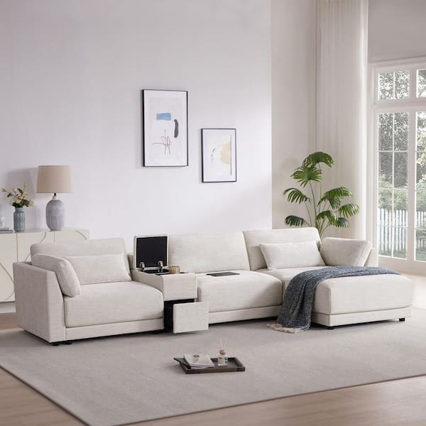 124 in. Chenille L-Shaped with Movable Ottoman, Storage Console, Wired&Wireless Charger Sectional Sofa in Beige