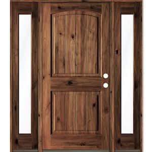 58 in. x 80 in. Rustic Knotty Alder Arch Top RM Stained Wood with V-Groove Left Hand Single Prehung Front Door