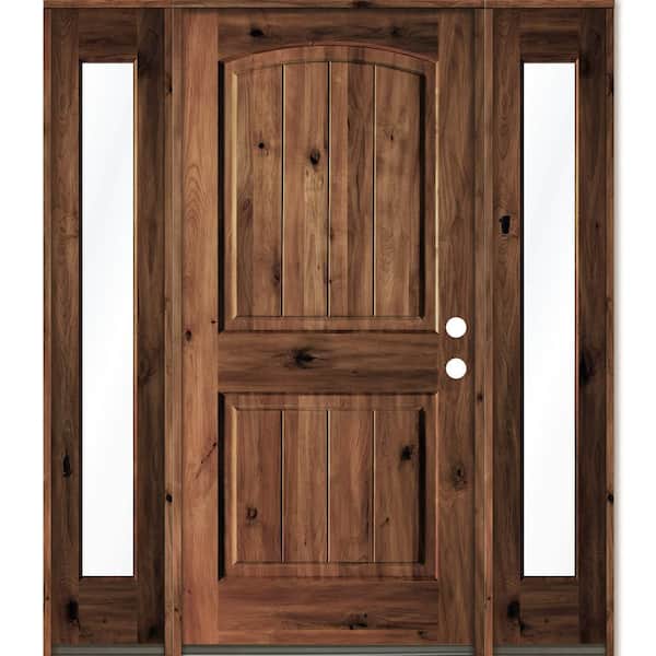 Krosswood Doors 60 in. x 80 in. Rustic Alder Arch Top Red Mahogany Stained Wood with V-Groove Left Hand Single Prehung Front Door