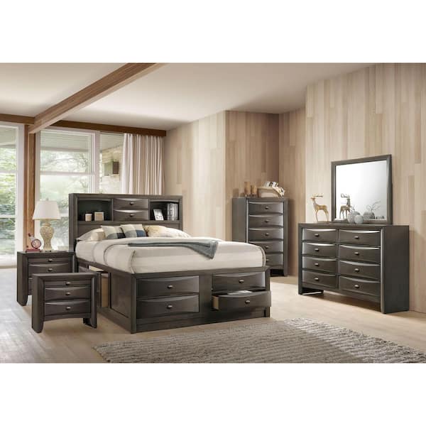 Lanten 6-Piece Gray Wood Frame Queen Platform Bedroom Set with Footboard and Side Rail Drawers, Headboard Bookcase