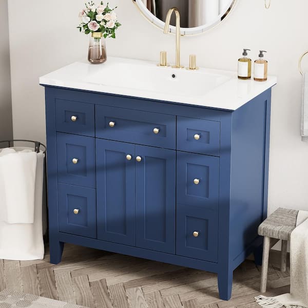 Qualler 36 in. W x 18 in. D x 34 in. H Single Sink Freestanding Bath Vanity in Blue with White Resin Top