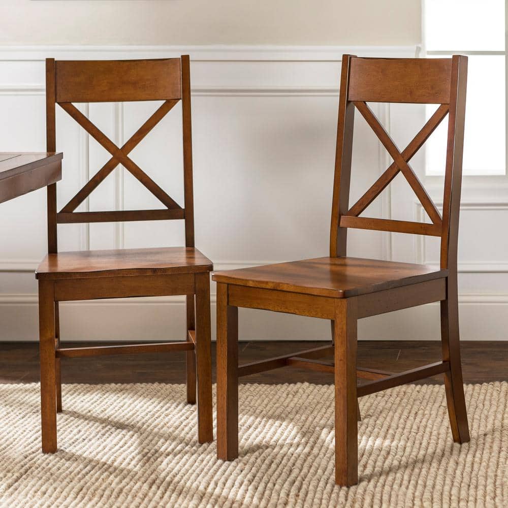Antique Brown Cross-Back Solid Wood Dining Chair Set