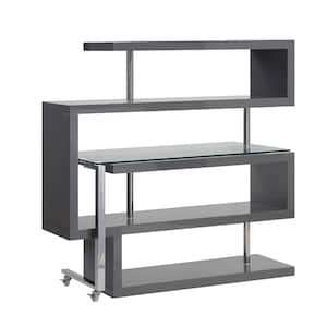 Buck II 24 in. L-Shaped Clear Glass, Chrome and Gray High Gloss Composite Writing Desk with Shelves