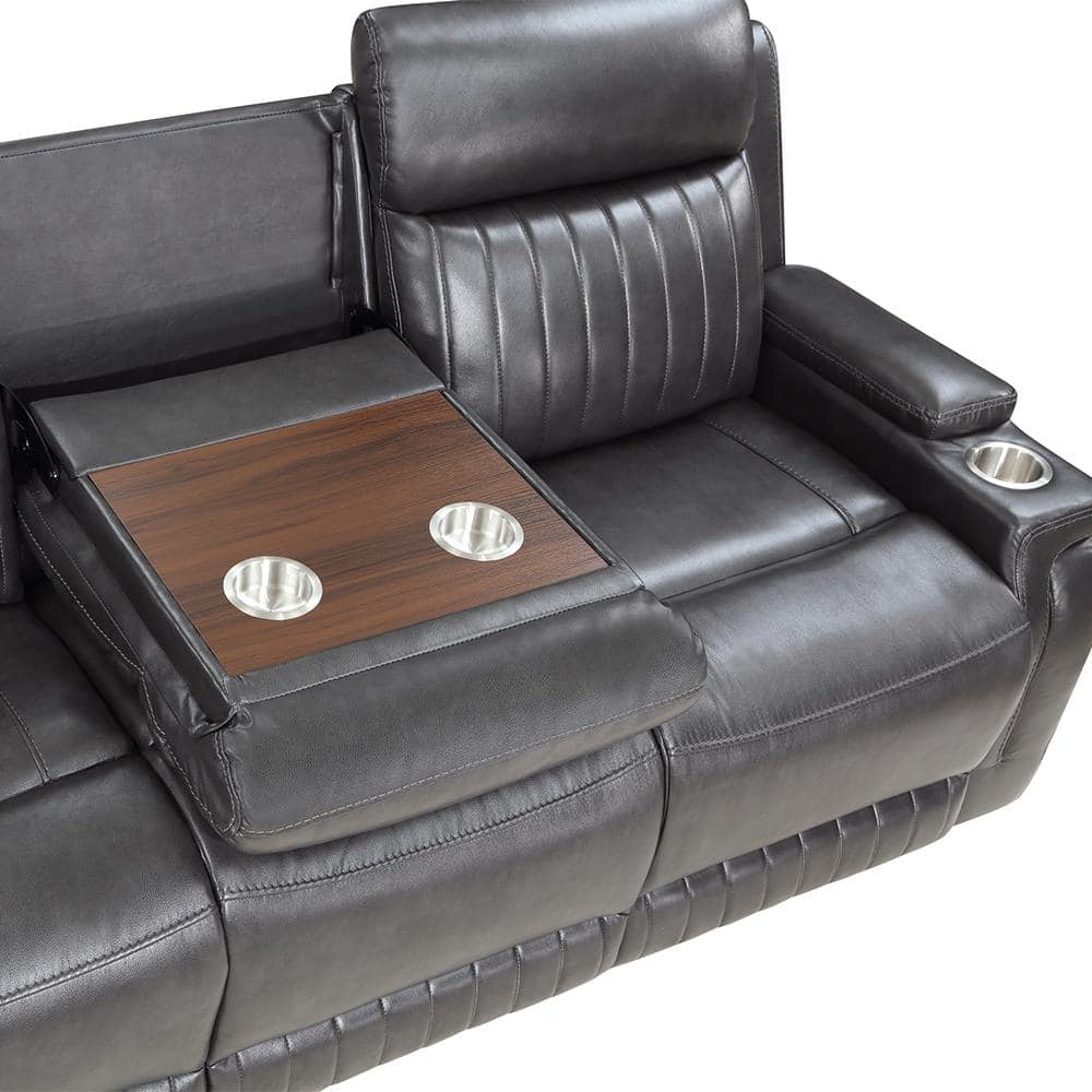 Gray Faux Leather Reclining Sofa with Cup Holders