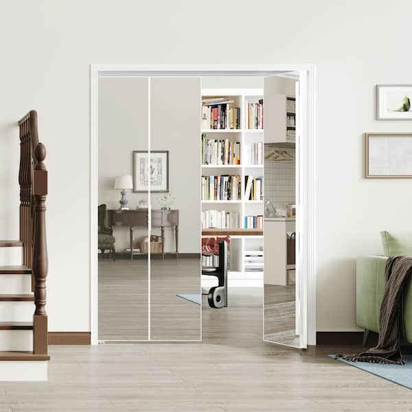 48 in. x 80 in. Mirrored Glass, White, Hollow Core, MDF, Aluminum Frame, Full Lite Bi-Fold Doors with Hardware Kits