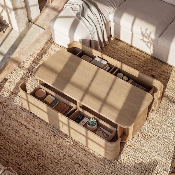 Natural Wood 4-Drawer 55 in. Chest of Drawers Coffee Table with Hidden Storage, Curved Design, Dual-Side Drawers