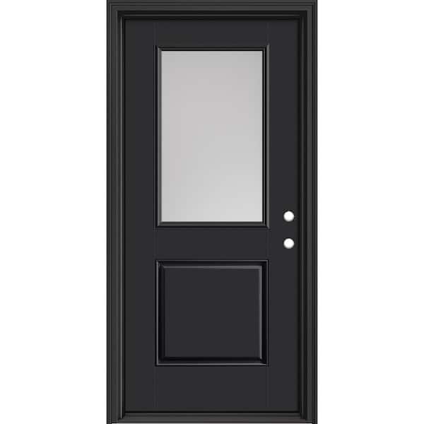 Masonite Performance Door System 36 in. x 80 in. 1/2 Lite Pearl Left-Hand Inswing Black Smooth Fiberglass Prehung Front Door