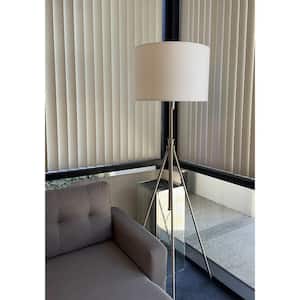 72 in. H Brushed Nickel 2-Light Adjustable Tripod Floor Lamp with White Cotton Fabric Drum Shade