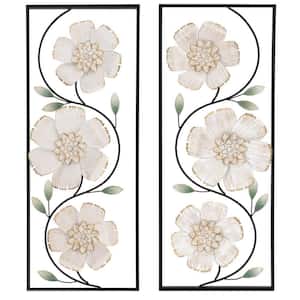 Off White and Gold Magnolia Flowers Black Metal Work Rectangular Wall Decor (Set of 2)