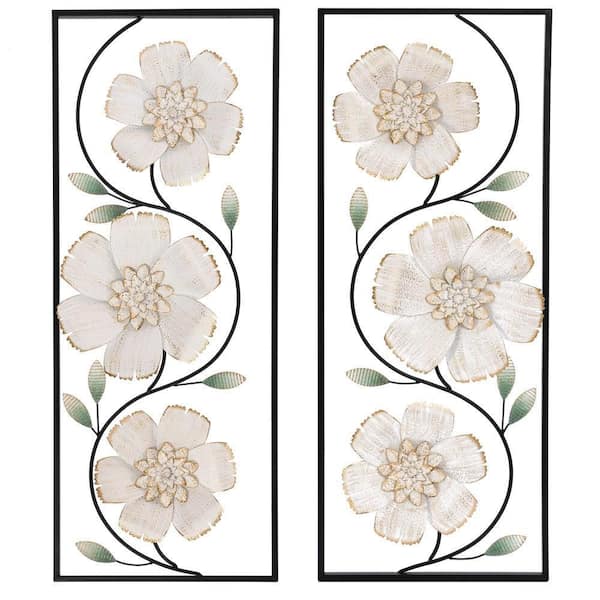 Off White and Gold Magnolia Flowers Black Metal Work Rectangular Wall Decor  (Set of 2)