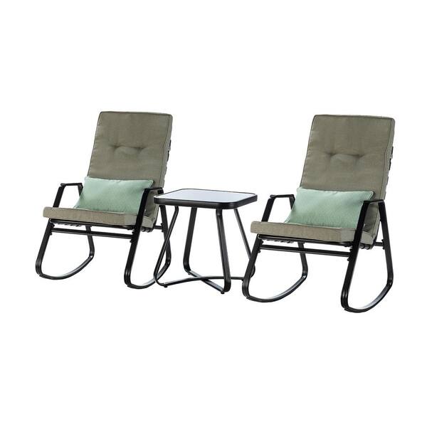 TIRAMISUBEST Metal Outdoor Rocking Chair with Gray Cushions and Table