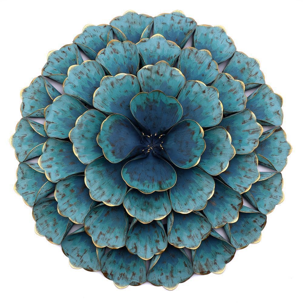 haluc❤ LuxenHome 23.5 in. Metal Teal Blue Round Flower Wall Decor WHA540