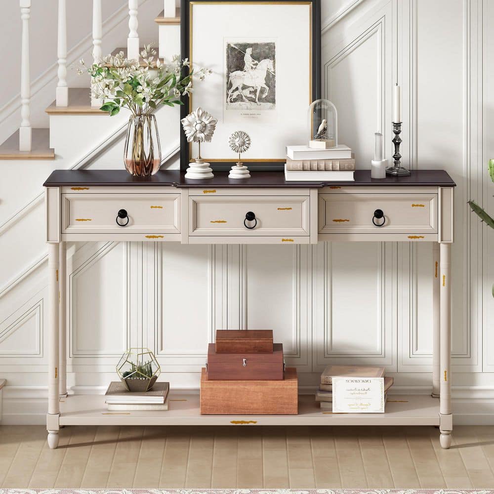 2-Tier 52 in. Beige Rectangle Solid Wood Console Table with 3 Drawers Entry