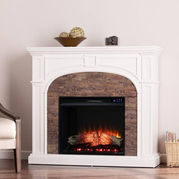 Southern Enterprises Greenville 45.75 in. Touch Panel Electric Fireplace in  White with Montelena Faux Stone HD054117 - The Home Depot