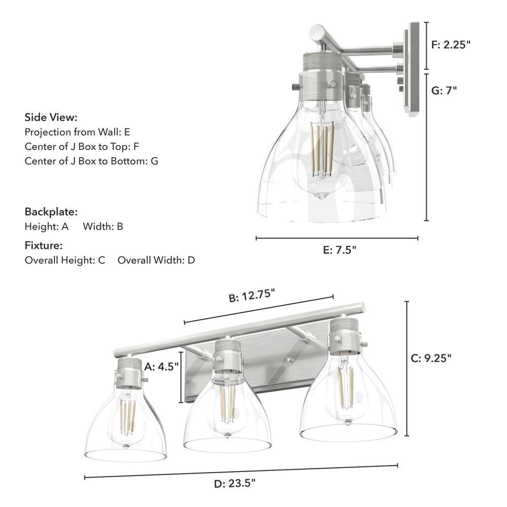 Hunter Brushed Nickel 3-Light Vanity Fixture with Clear Glass Shades