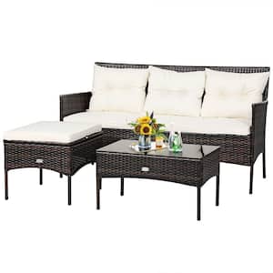Brown 3-Piece Wicker Outdoor Patio Sectional Sofa Seating Set with White Cushions
