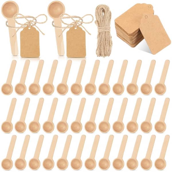 Natural Finish Mini Wooden Spoons with Tags and Twine Kitchen Spice Jar Accessory 50 Piece Set