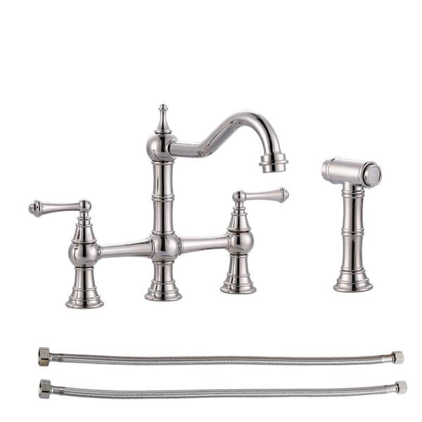 AVITAS Antique Design Double Handle Bridge Kitchen Faucet with Side Sprayer in Polished Nickel