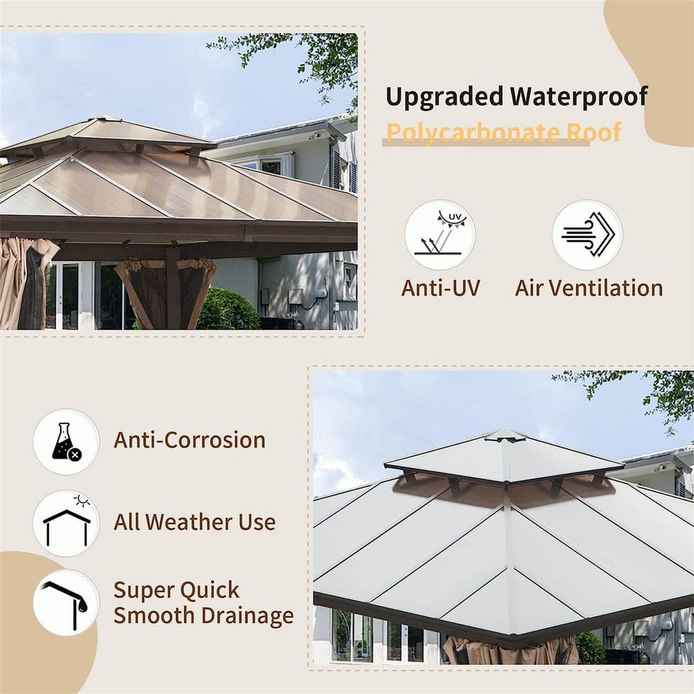12'x12' Brown Aluminum Hardtop Patio Gazebo with Curtains